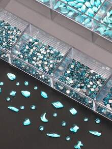 21 Grid Multi-Style Mixed Rhinestone Rhinestone Set,Lake Blue Round Rhinestones And Flat-Bottomed Special-Shaped Drills Of Different Shapes, Can Be Used For DIY Decoration, Clothing Accessories, Distribution Sticky Drill Pen - 湖藍色 - 查看 4