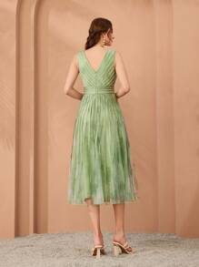 Mgiacyv Neck Printed Net Pull Cord High-End Evening Dress