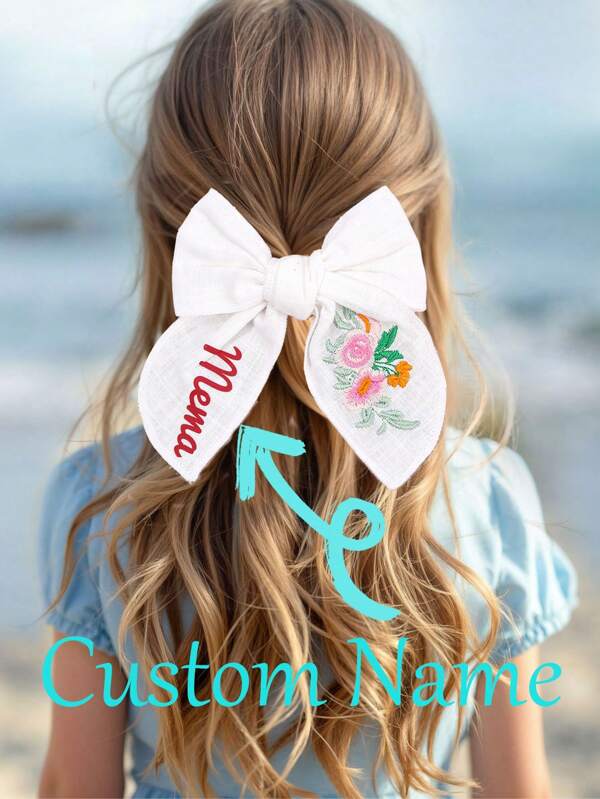 1 Stück personalisierter bestickter Haarclip mit Schleife für Mädchen, personalisierter Haarschmuck mit bestickter Blume und Schleife, geeignet als tägliche Haardekoration, Geschenk für Kinder und Mädchen