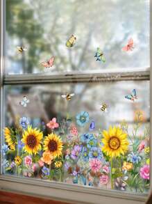 3pcs Home Decor Colorful Flower Bouquet Window Stickers, Garden Stickers For Living Room Bedroom, Home Wall Decor, PVC Removable Window Stickers, Stickers, Wall Stickers, Vinyl Decals For Home Decor, Spring Decorations To Give Your Home A New Look, Rama Decorative Stickers