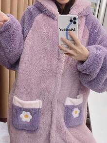 Bata de Invierno Mujer con Capucha de Pelo Coral - Diseño Animal Peludoso, Ultra Caliente y Transpirable para Fiesta de Pijamas - Morado - Ver 7