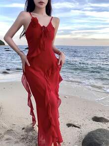 Romantic Date Spaghetti Strap V-Neck Backless Slit Bodycon With Asymmetrical Ruffle Trim Dress For Women Summer Beach Vacation Outfits Evening Party Robe - Red - View 5