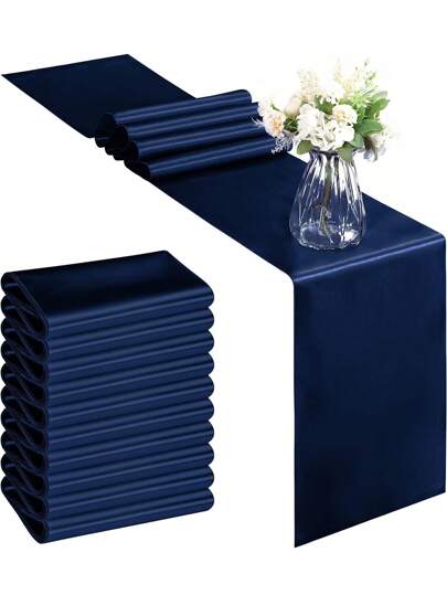 2pcs/5pcs/10pcs Navy Blue Satin Wedding Decoration Table Runners For Hotel Event Birthday Banquet Silk Ribbon Table Flags Party Table Runners