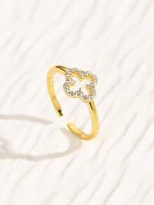 1 件 S925 纯银四叶草可调节时尚简约戒指，时尚百搭女士珠宝礼物 - 金色 - 查看 2