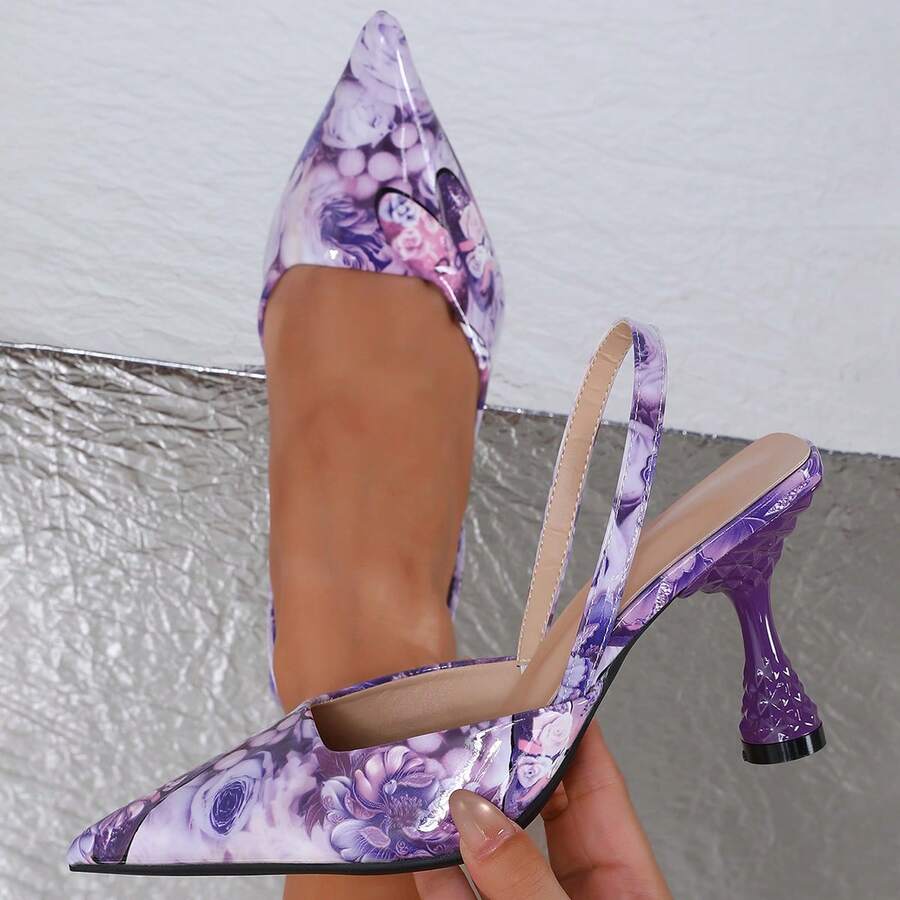 全新时尚欧美彩色高跟尖头穆勒拖鞋，优雅魅力细高跟女式拖鞋 - 紫色 - 查看 1