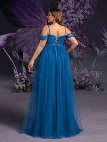 Faeriesty Vestido elegante de maternidad Dressalisa con hombros descubiertos, superposición de malla y detalle de lazo en la espalda para ocasiones de verano y primavera (invitada de boda, cena formal, fiesta de jardín, sesión de fotos de maternidad, evento nocturno) - Agua verde azul - Ver 3