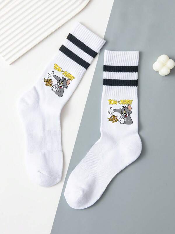 Warner Bros 2 Pairs High Quality Cartoon Stripe Black & White Calf Socks For Women; Tom & Jerry Cartoon Socks For Men; Breathable Comfortable Short Socks, Summer Unisex Gift Socks, Couple Style