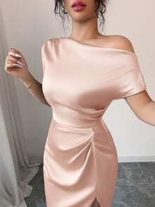 abyoxi 优雅不对称领口腰部褶裥缎面连衣裙，适合约会、生日派对、婚礼、返校舞会等场合，新款女装 - 粉色 - 查看 3