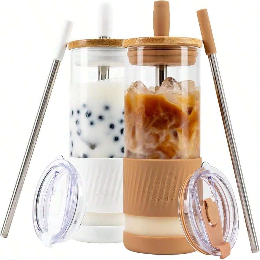 Pandaloo? Glass Cups With Lids And Straws -20 Fl Oz- Perfect Size Iced Coffee Cup - Smoothie Cup With Bamboo Lid And On The Go Lid - Glass Tumbler (2 Count (Pack Of 1), Amber Sand-Coton White) - Amber Sand-coton White - View 1