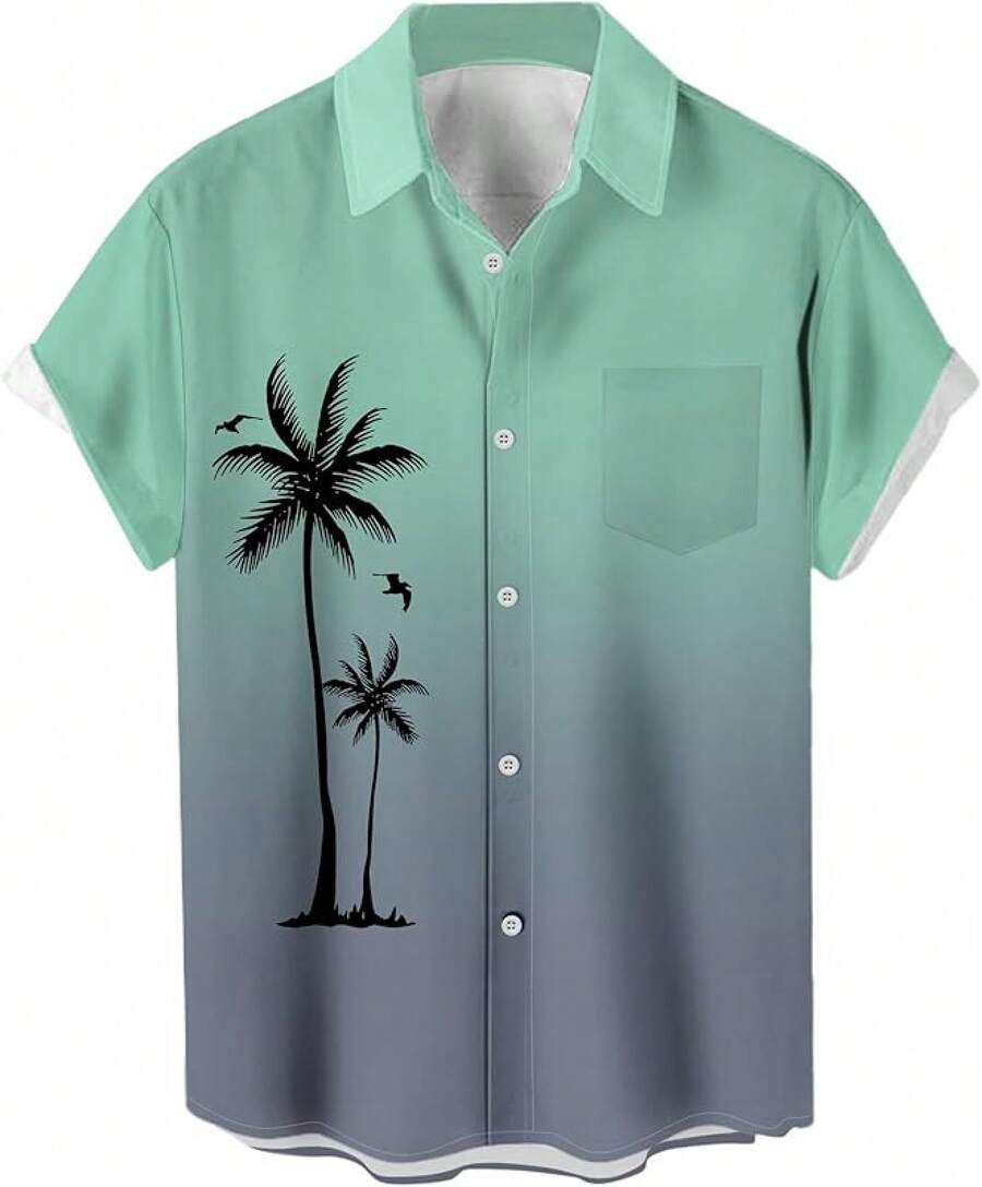Men's Short Sleeve Button Up Hawaiian Shirt 1950s Vintage Bowling Shirts-20256688 - 漸變綠灰色 - 查看 1