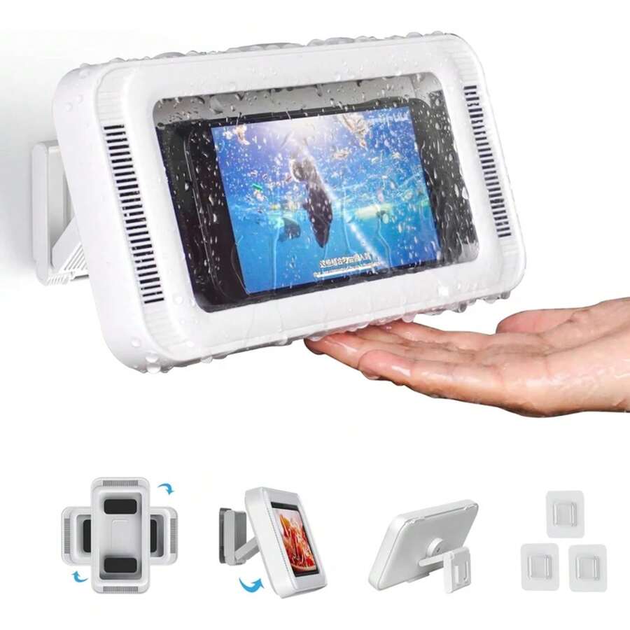 Soporte para Teléfono de Ducha con Altavoz, Rotación de 480°, Soporte de Pared para Teléfono de Ducha Impermeable y Antivaho para Teléfonos de 4-7" - Negro - Ver 1