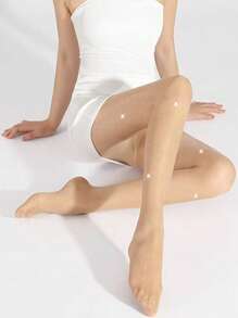 1 Stück Damen transparente glänzende Strumpfhose mit Sternrhinestone-Verzierungen, beige & kaffee, körperbetont, Frühling/Sommer