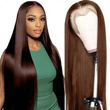 即戴即走 8-34 英寸无胶 4x4 5x5 13x4 13x6 高清透明蕾丝前假发，适合初学者的无胶直发波波头假发，巴西原生高清蕾丝闭合假发，巧克力色混纺发丝，200% 密度，预先拔毛并带有婴儿发。 - S4 - 查看 9
