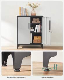 Caisson de Bureau, Placard Polyvalent, Armoire de Bureau à 2 Portes, Verrouillable, en Acier, pour Salon, Argenté et Noir - Gris + Noir - Voir 4