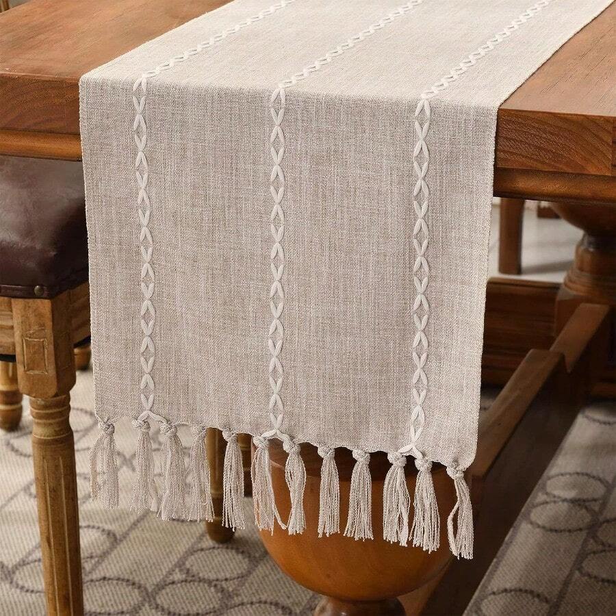 Wracra Rustic Linen Table Runner Farmhouse Style Table Runners 72 Inches Long Embroidered Fall Table Runner With HandTassels For Party Dresser And Dining Room Decorations Light Coffee 13*72 - LightCoffee - View 1