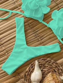 Polovedo 官方新款春夏性感休闲优雅浅绿色纯色碎花女士沙滩度假约会比基尼泳衣 - 綠色 - 查看 2