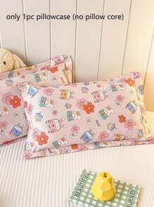 1pc Rabbit, Flower, Car Pattern Pillowcase, Cartoon Cute 100% Cotton Pink Pillowcase, Moisture Wicking Breathable Wide Envelope Pillowcase, (Without Inner), For Children & Teenagers, Suitable For All Seasons