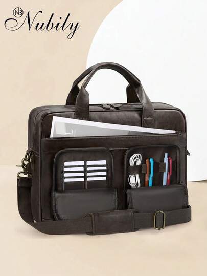 NUBILY Vintage Messenger Bag For Men - 15.6 Inch PU Vegan Leather Laptop Briefcase | Waterproof Retro Satchel Bag For Business, Office & Travel | Professional Work Bag With Adjustable Strap