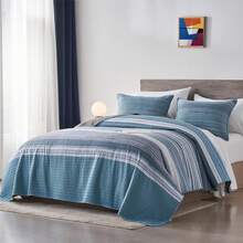 King/Cal King Quilt Bedding Set, White And Blue Patchwork Striped 2-Piece Soft Lightweight Bedspread Coverlet Set With 1 Pillow Sham, Luxury Comfort, Modern Style, Light Blue, King - Màu tím - Xem 10