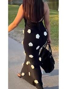 Women's Knit Maxi Dress Spaghetti Strap Floral Dresses Bodycon Knitted Beach Long Dress Backless Swim Cover Up Dresses - Black & White - View 3