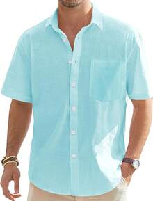Men's Cotton Linen Short Sleeve Shirts Casual Lightweight Button Down Shirts Vacation Beach Summer Tops With Pocket - Màu xanh huỳnh quang - Xem 1