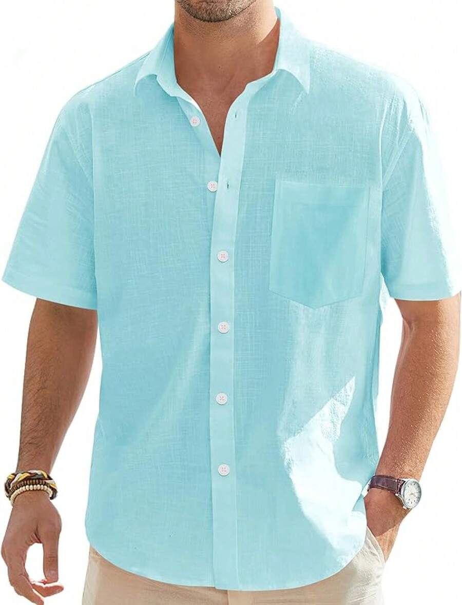 Men's Cotton Linen Short Sleeve Shirts Casual Lightweight Button Down Shirts Vacation Beach Summer Tops With Pocket - Màu xanh huỳnh quang - Xem 1
