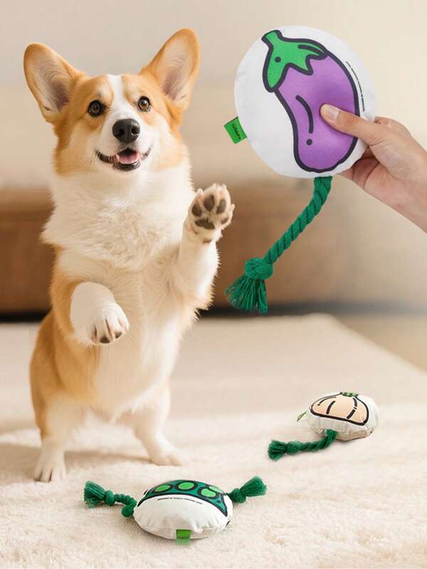1PC Plush Vegetable Dog Chew Toys With Cotton Ropes - Crinkle Squeaker & Jingle Bells Inside For Teething Relief & Dental Care - Interactive Puppy Teethers (Pumpkin, Eggplant, Pea, Tomato) For Small Dogs, Puppies