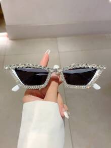 1 par de gafas de moda con forma de ojo de gato brillante, gafas decorativas de lujo para mujeres, estilo de preparación para volver a la escuela, decoración con rhinestones con formas de ojos de gatos - c3 blanco - Ver 1
