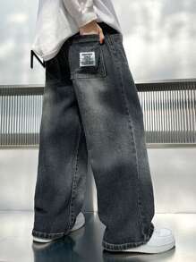 Tween Boy Letter Embroidered Patch Wide Leg Loose Casual Jeans