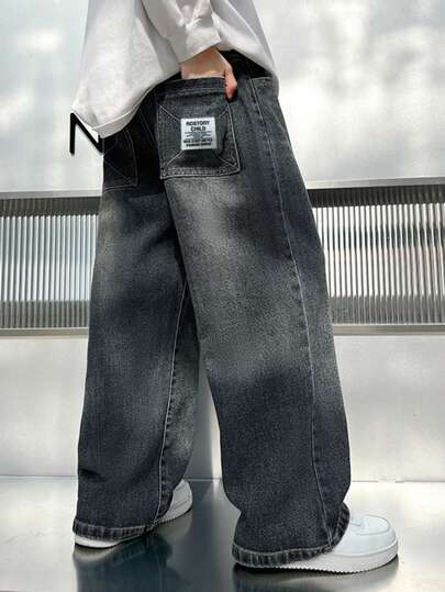 Tween Boy Letter Embroidered Patch Wide Leg Loose Casual Jeans
