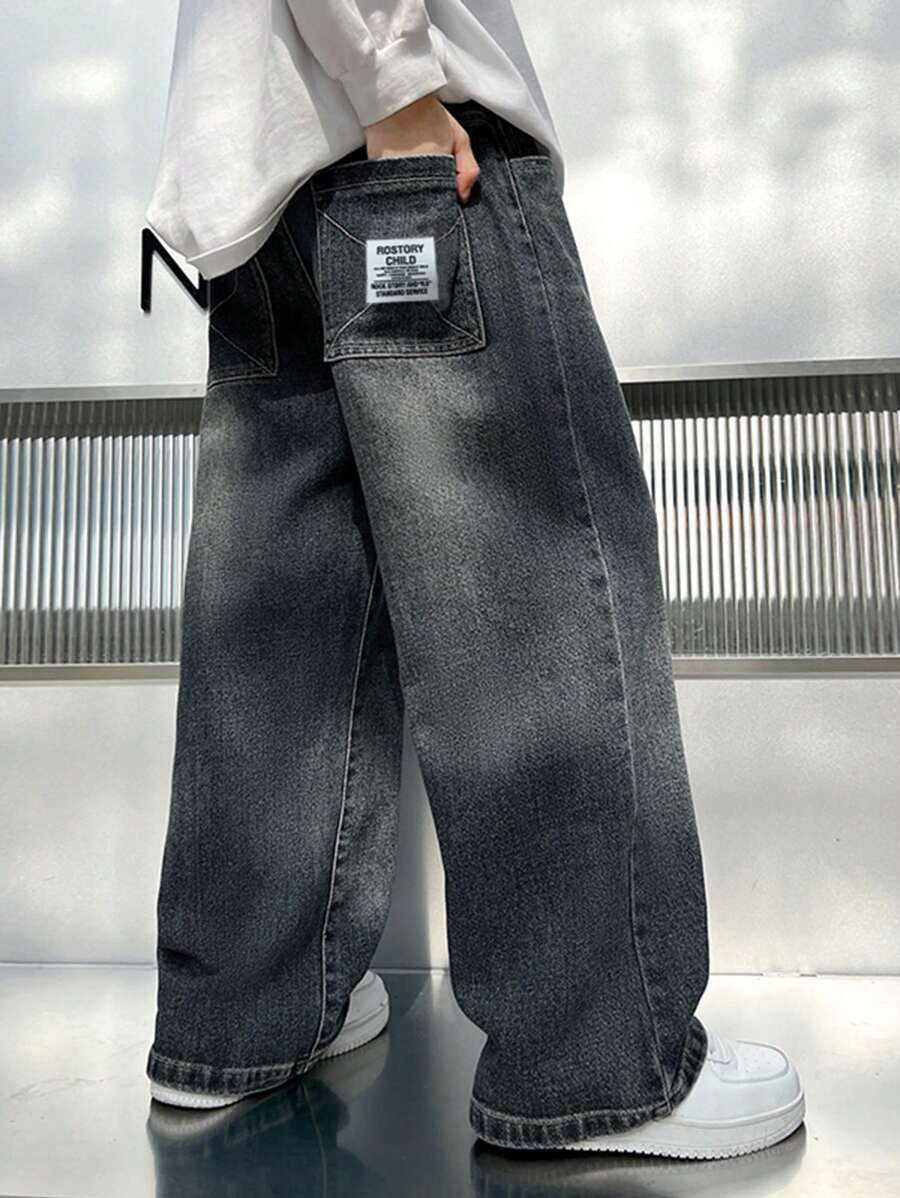 Tween Boy Letter Embroidered Patch Wide Leg Loose Casual Jeans