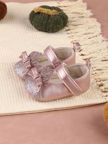 1 Pair Baby Girl Shoes With Bowknot, Hook And Loop Closure, Cute Glitter Crown Design, Versatile Round Toe Flat Shoes, Suitable For Spring And Autumn, 0-6 Months - Pink - View 1
