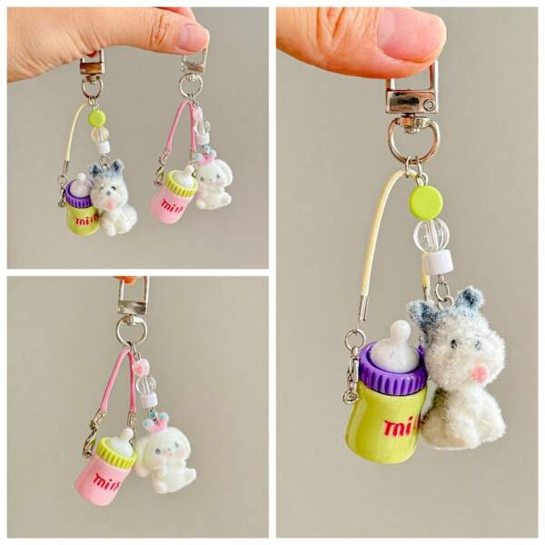 Cartoon Milk Bottle Animal Decor Pendant, Cute Puppy Keychain For Couples Schoolbag Accessories