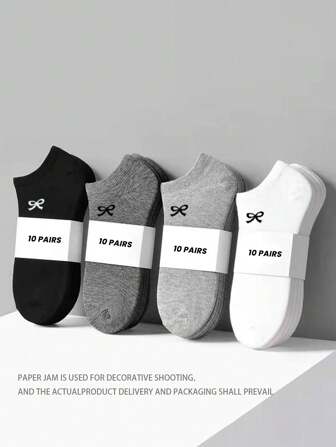 40/30/20/10/5/1 双女/男/情侣轻便休闲袜，黑/白/灰系列，蝴蝶结装饰，亲肤柔软透气，时尚百搭运动隐形袜，适合节日礼物、返校、旅行、日常搭配