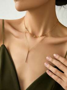 Nooxian 1pc Chic & Elegant Geometric Square Handmade Copper Bar Pendant Necklace For Women, Summery Resort Vibe