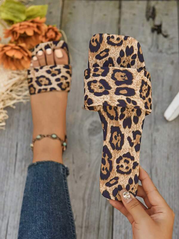 1 Pair Teens/Youth Casual Leopard Print Open Toe Slip-On Sandals, PU Soft Bottom Lightweight Women Slippers For Outdoor Wear