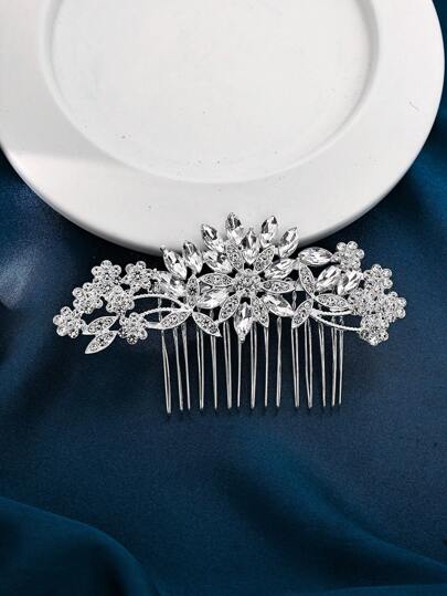 1pc Plum Flower Design Rhinestone Alloy Hair Comb For Women, Party, Wedding, Photography