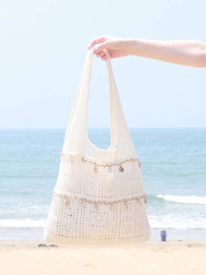 Borsa da spiaggia da donna all'uncinetto e a maglia, con design traforato, grande capacità, pieghevole, con coulisse, zaino da donna. Perfetta per una vacanza al mare, con funzione per scrollare via la sabbia, adatta anche per uso quotidiano come borsa della spesa e zaino. Ottima per attività all'aperto, viaggi e ritorno a scuola per matricole, studenti di secondo anno, senior di scuola, college e liceo.