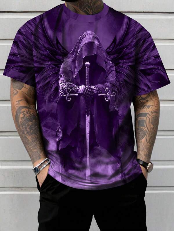 Camiseta masculina plus size com estampa escura, manga curta e gola redonda, para o Halloween