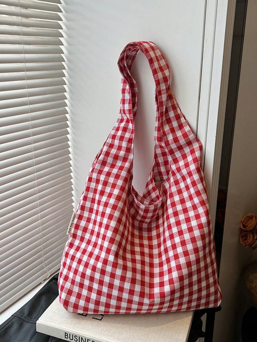 Large Capacity Women's Canvas Shoulder Tote Bag, Casual Striped Handbag - Red - View 1