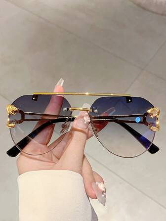 1pc Women's New Oval Lens Fashion Glasses, Metal Leopard Decor Temples, Retro Minimalist Style Men's Decorative Glasses