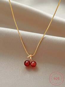 1pc S925 Sterling Silver Sweet Cherry Pendant Necklace, Suitable For Women's Daily And Special Occasion Wear