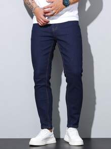 1 pieza Jeans de ajuste ceñido y elástico para hombres, pantalones casuales estilo coreano ajustados