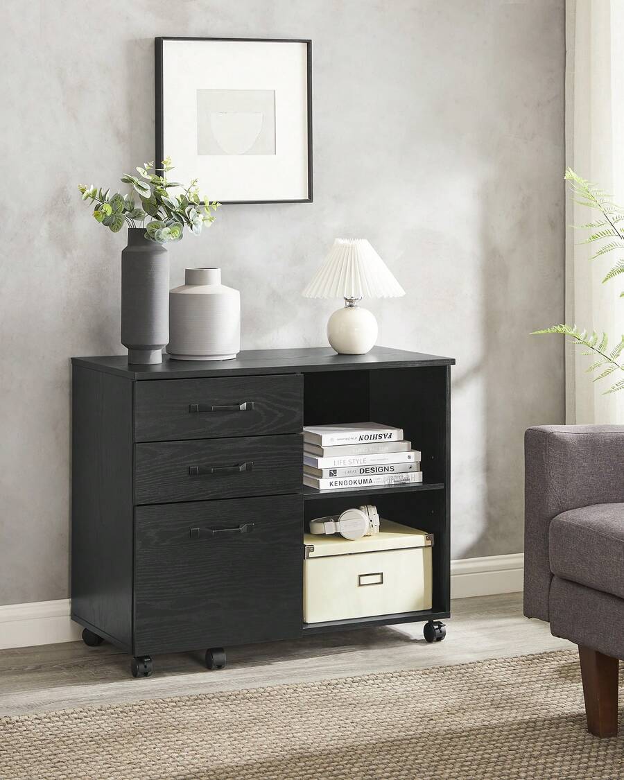 Caisson, Support d'Imprimante Bureau, avec 3 Tiroirs, Meuble de Rangement Mobile, Compartiments Ouverts, pour Format A4, Documents, Style Industriel, Noir Boisé - Noir - Voir 1