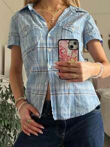 Women's Button Down Shirt Casual Contrast Color Plaid Turn Down Collar Short Sleeve Tops For Spring Summer - Màu xanh lam - Xem 2