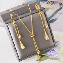 Conjunto de collar y aretes de gota de agua ajustable de acero inoxidable con borlas, conjunto de joyería de moda para mujeres, regalo para fiesta