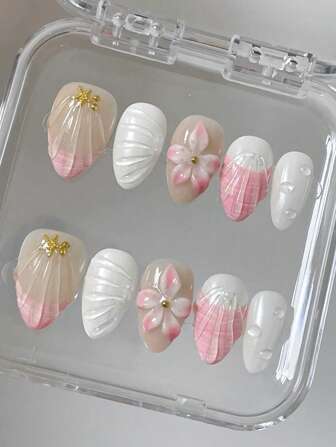10 Pcs Sweet Pink & White 3D Carved Seashell Starfish Short Almond Wearable Nail Art Tips Press On Nails Nail Supplies Nails