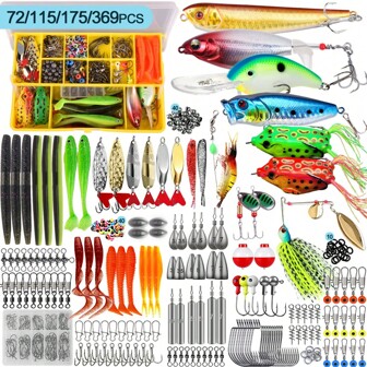 OPQ Set di esche per pesca da 72/115/175/369 pezzi, box attrezzatura da pesca che include esche animate, crankbait, spinner, vermi in plastica morbida, esche in superficie, ami, attrezzatura da pesca per acqua dolce e salata per bass, trota, salmone