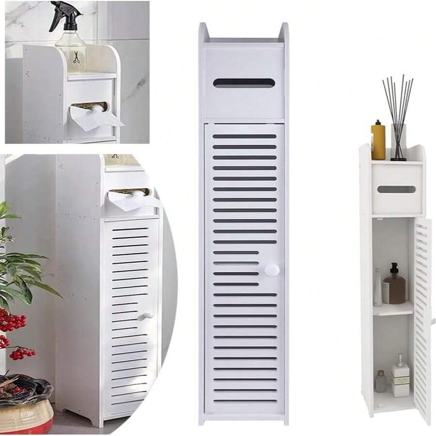 Lucn Modern White Toilet Side Cabinet, Bathroom Storage Cabinet, Slim Cabinet With Toilet Paper Holder And Cell Phone Holder, PVC, Freestanding Bathroom Storage Cabinet For Home And Kitchen; Bathroom Floor Cabinet, Home Storage Cabinet With Doors And Shelves, Freestanding Tall, Slim Side Cabinet, Furniture Piece, Waterproof Kitchen Shelf, Pantry Cabinet, Bookcase, 16 * 15 * 80 Cm - trắng - Xem 1