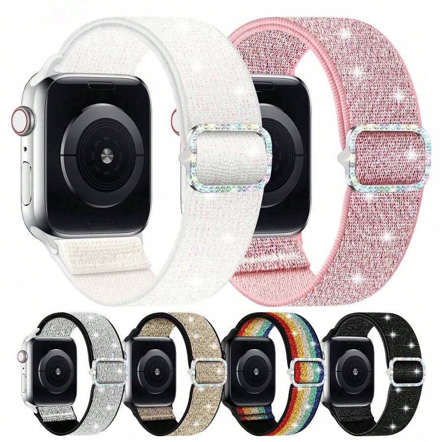 Bande stretch brillante compatible avec 38mm 40mm 41mm 42mm 44mm 45mm 46mm 49mm pour femmes, bracelet en nylon scintillant boucle solo, bracelet de poignet pailleté pour Series 10 9 8 7 6 5 4 3 2 1 SE Ultra